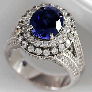 😍Silver Plated Royal Blue CZ Wedding/Engagement Ring for Women, K973